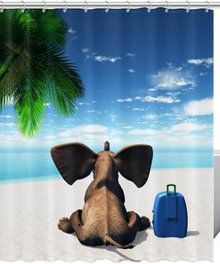Funny Elephant Coconut Tree Beach Travel Shower Curtain - Waterproof Bathroom Decor