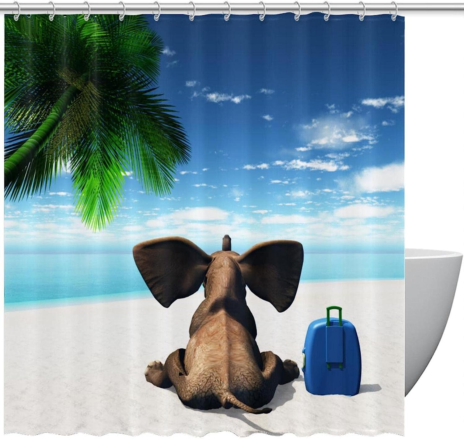 Funny Elephant Coconut Tree Beach Travel Shower Curtain - Waterproof Bathroom Decor