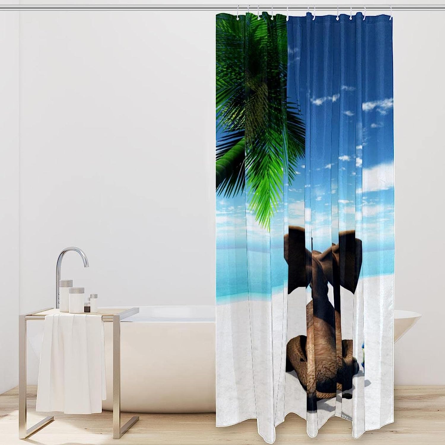 Funny Elephant Coconut Tree Beach Travel Shower Curtain - Waterproof Bathroom Decor