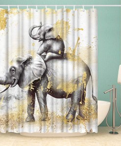 Funny Elephant Family Shower Curtain with Yellow Oil Painting Artwork for African Wild Animal Bathroom Decor