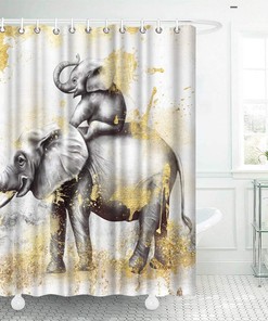 Funny Elephant Family Shower Curtain with Yellow Oil Painting Artwork for African Wild Animal Bathroom Decor