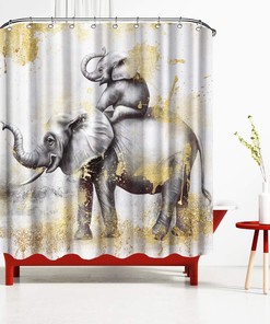 Funny Elephant Family Shower Curtain with Yellow Oil Painting Artwork for African Wild Animal Bathroom Decor 