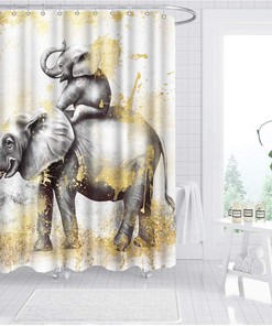 Funny Elephant Family Shower Curtain with Yellow Oil Painting Artwork for African Wild Animal Bathroom Decor 