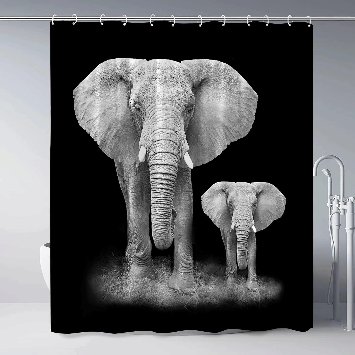 Funny Elephant Shower Curtain with African Wild Animal Close-Up, Tropical Indian Boho Black Background Printing Fabric