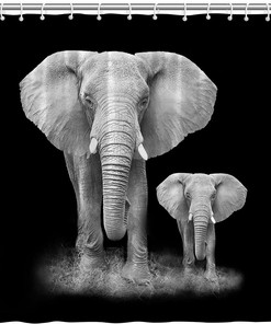 Funny Elephant Shower Curtain with African Wild Animal Close-Up, Tropical Indian Boho Black Background Printing Fabric