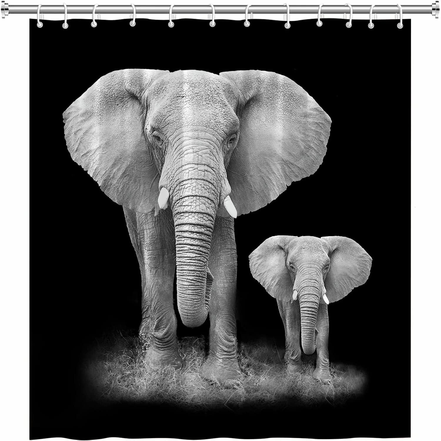 Funny Elephant Shower Curtain with African Wild Animal Close-Up, Tropical Indian Boho Black Background Printing Fabric