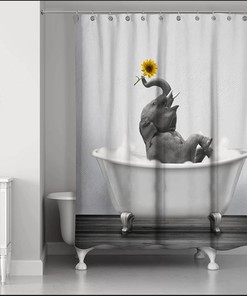 Funny Elephant and Sunflower Bathtub Shower Curtain for Bathroom, Animal Fabric Curtain