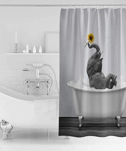 Funny Elephant and Sunflower Bathtub Shower Curtain for Bathroom, Animal Fabric Curtain