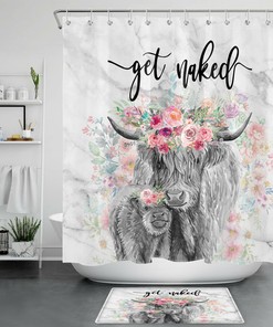 Funny Farmhouse Flower And Marble Printed Shower Curtain For Bathroom