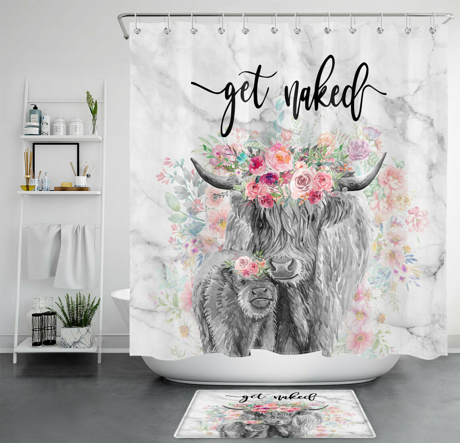 Funny Farmhouse Flower And Marble Printed Shower Curtain For Bathroom