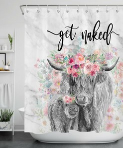Funny Farmhouse Flower And Marble Printed Shower Curtain For Bathroom