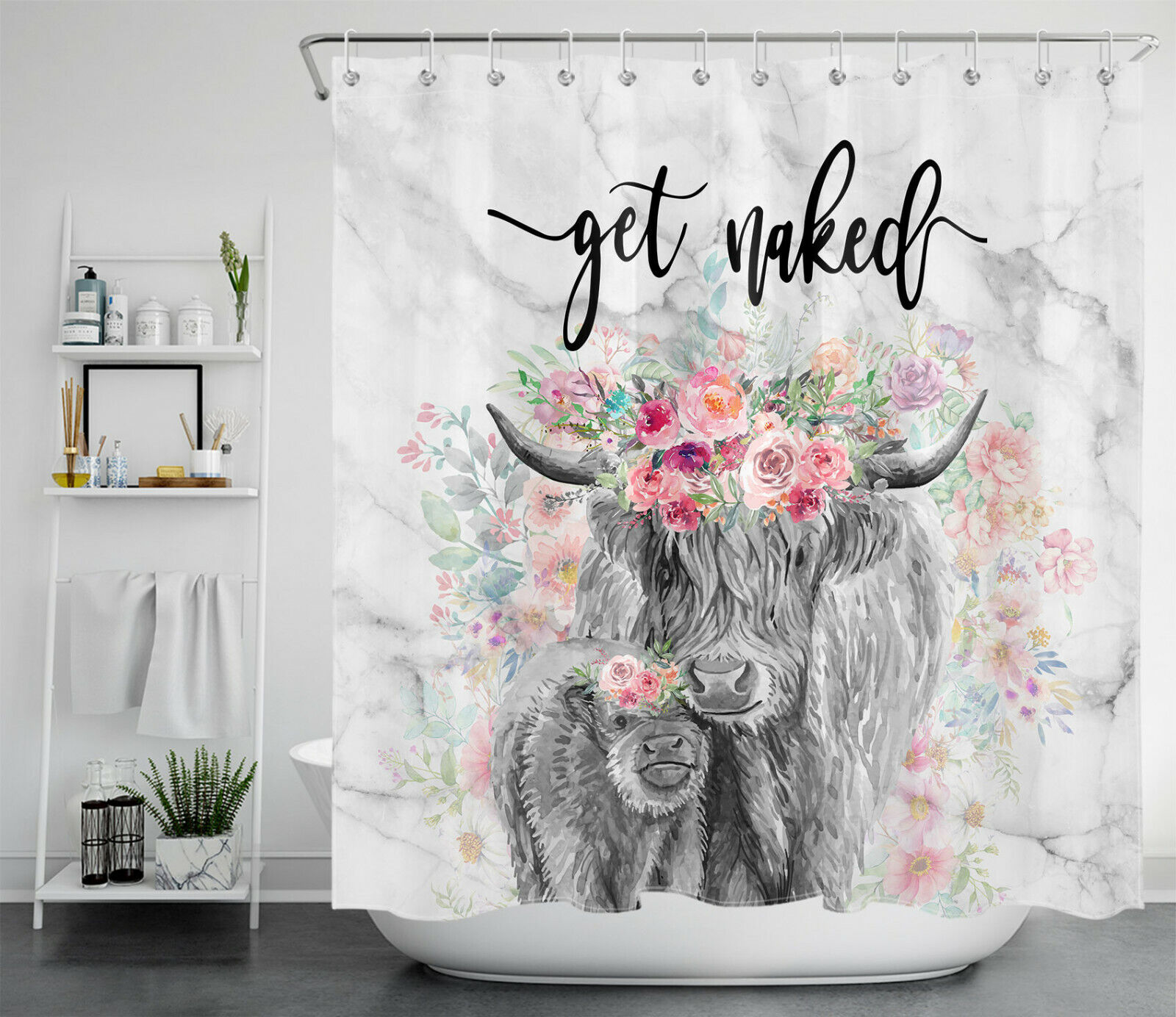 Funny Farmhouse Flower And Marble Printed Shower Curtain For Bathroom