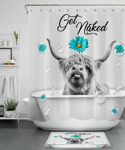 Funny Farmhouse Highland Cow Daisy Flower Get Naked Shower Curtain For Bathroom 