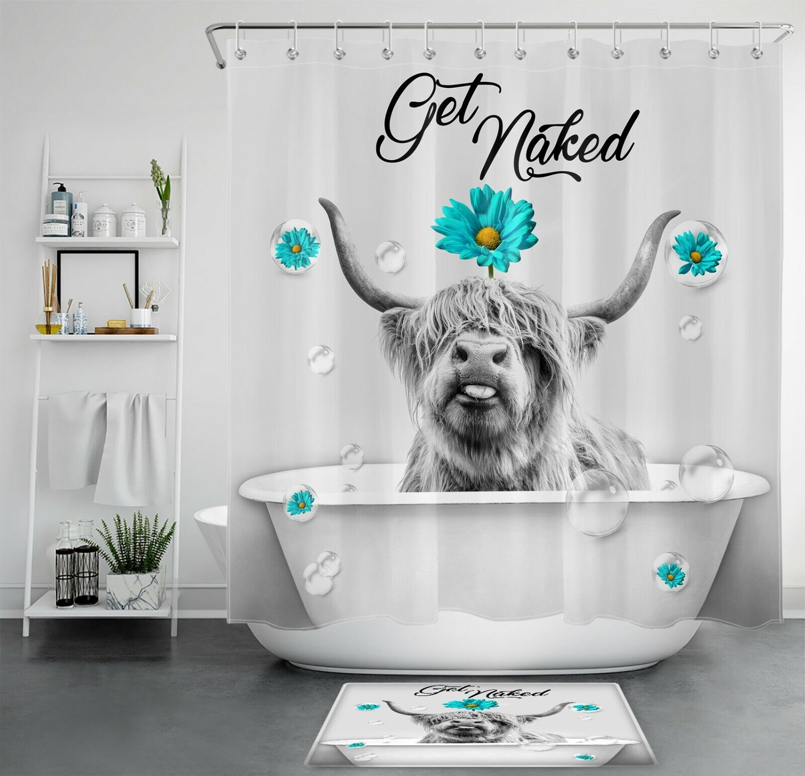 Funny Farmhouse Highland Cow Daisy Flower Get Naked Shower Curtain For Bathroom
