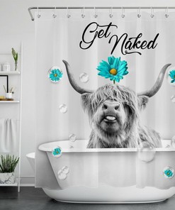 Funny Farmhouse Highland Cow Daisy Flower Get Naked Shower Curtain For Bathroom