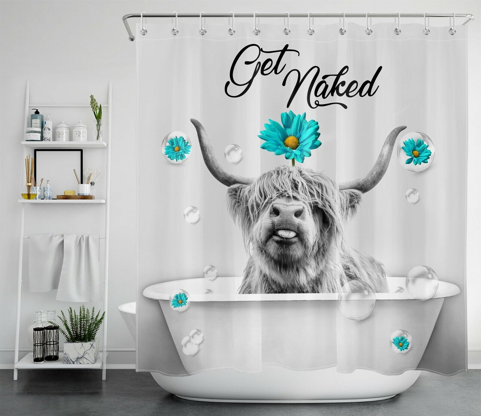 Funny Farmhouse Highland Cow Daisy Flower Get Naked Shower Curtain For Bathroom