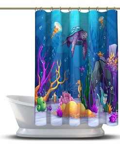 Funny Fishes, Turtle and Seahorses Underwater Fabric Shower Curtain 