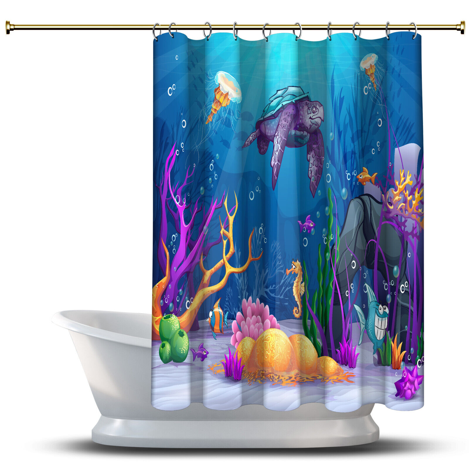 Funny Fishes, Turtle and Seahorses Underwater Fabric Shower Curtain