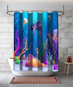 Funny Fishes, Turtle and Seahorses Underwater Fabric Shower Curtain
