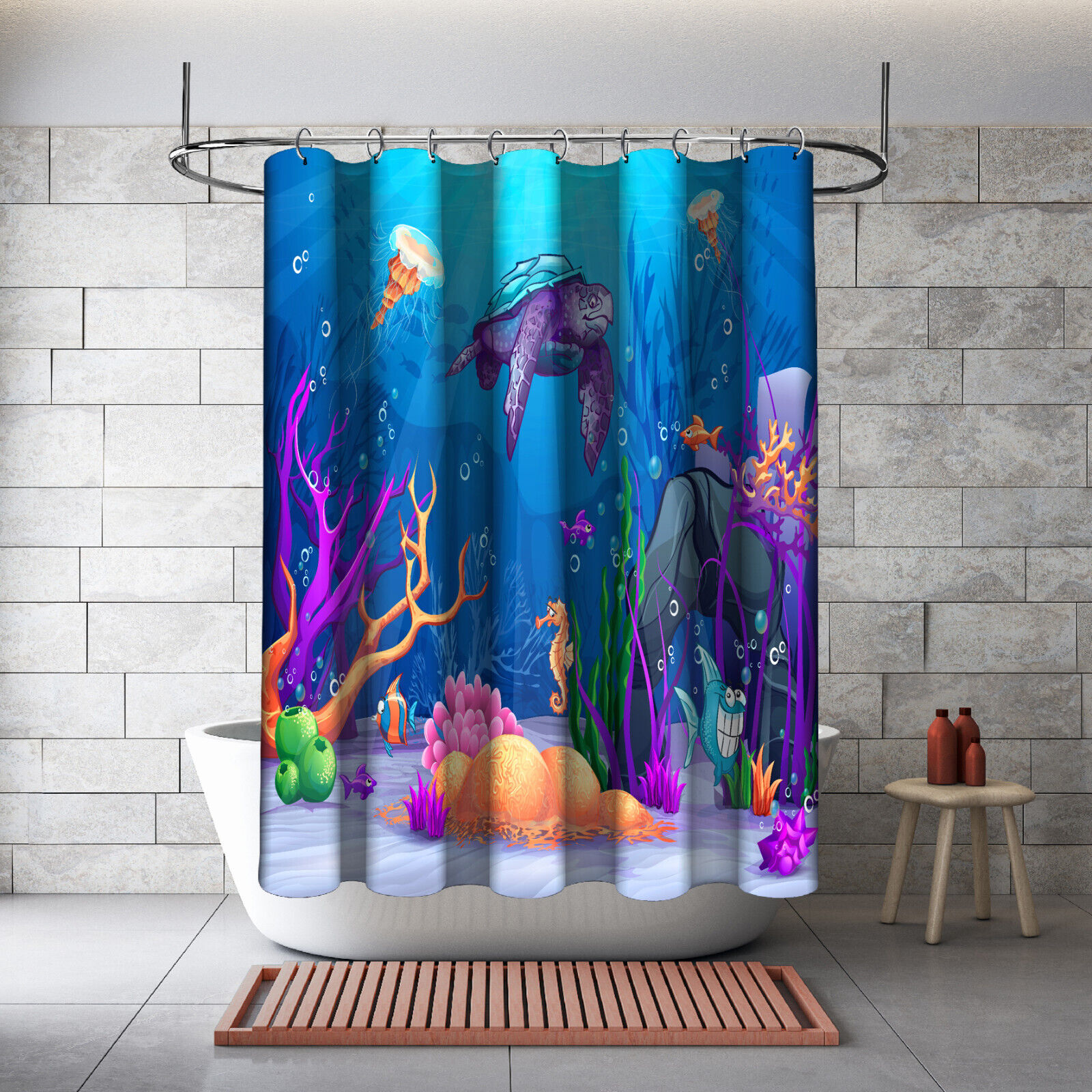 Funny Fishes, Turtle and Seahorses Underwater Fabric Shower Curtain
