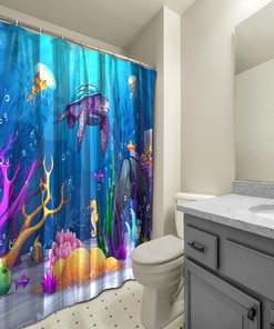 Funny Fishes, Turtle and Seahorses Underwater Fabric Shower Curtain