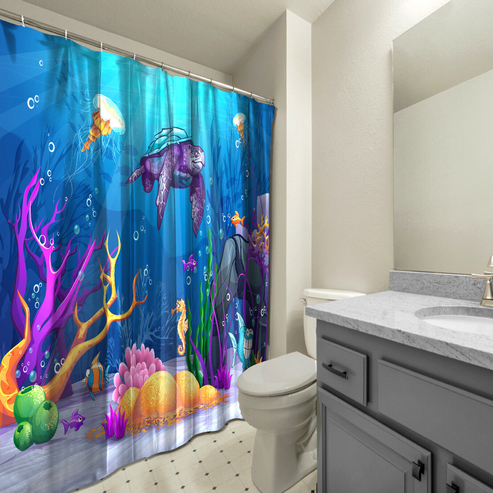 Funny Fishes, Turtle and Seahorses Underwater Fabric Shower Curtain