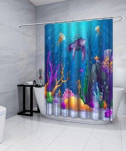 Funny Fishes, Turtle and Seahorses Underwater Fabric Shower Curtain