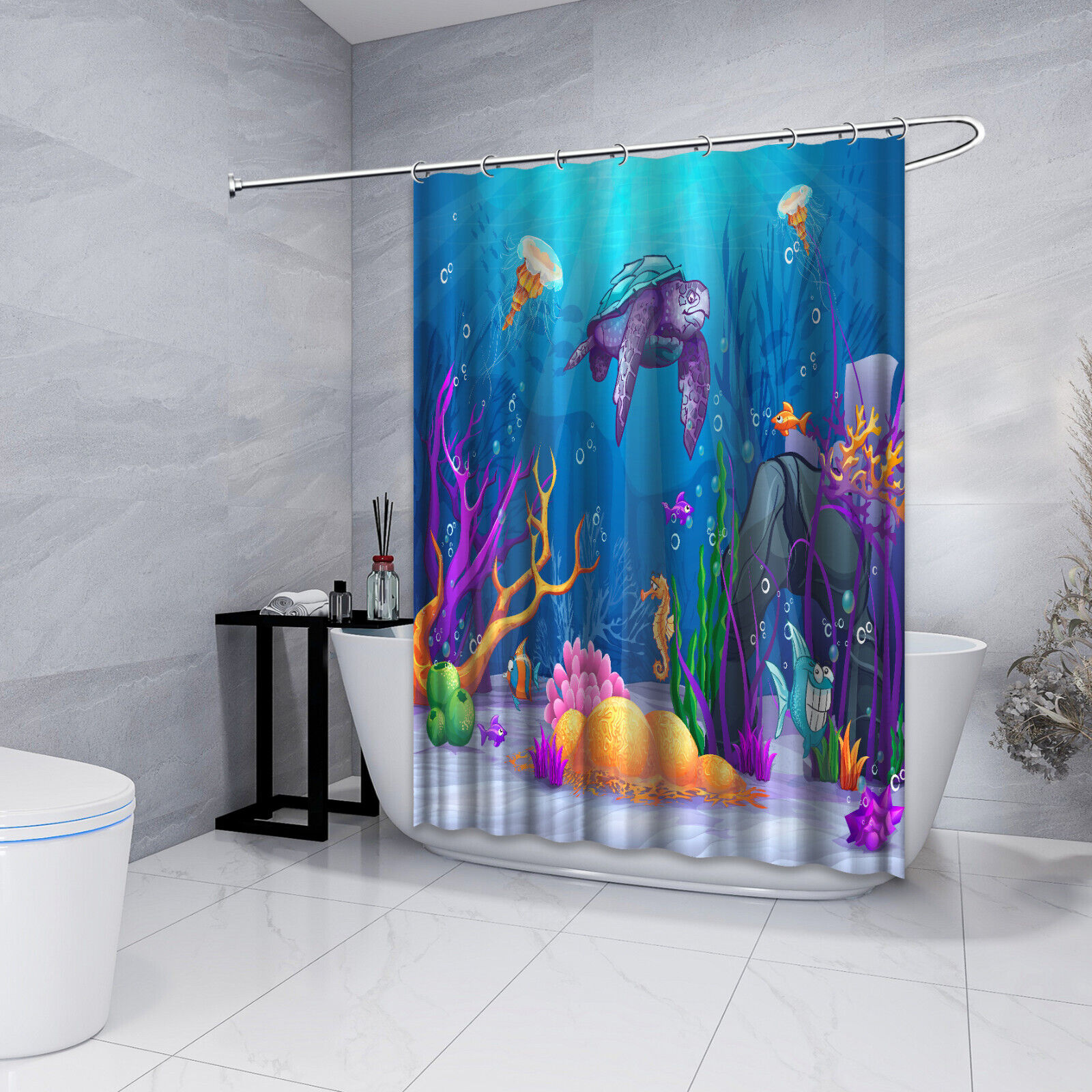 Funny Fishes, Turtle and Seahorses Underwater Fabric Shower Curtain