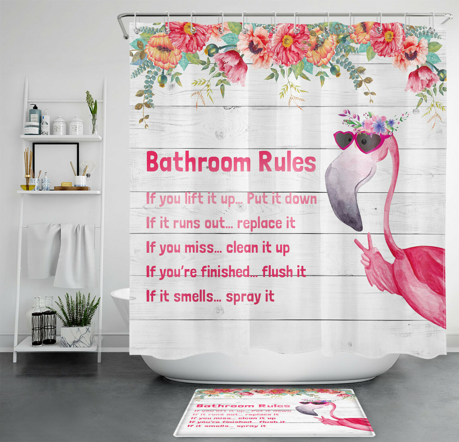 Funny Flamingo And Tropical Flower Bathroom Rules Shower Curtain For Your Bathroom Decor