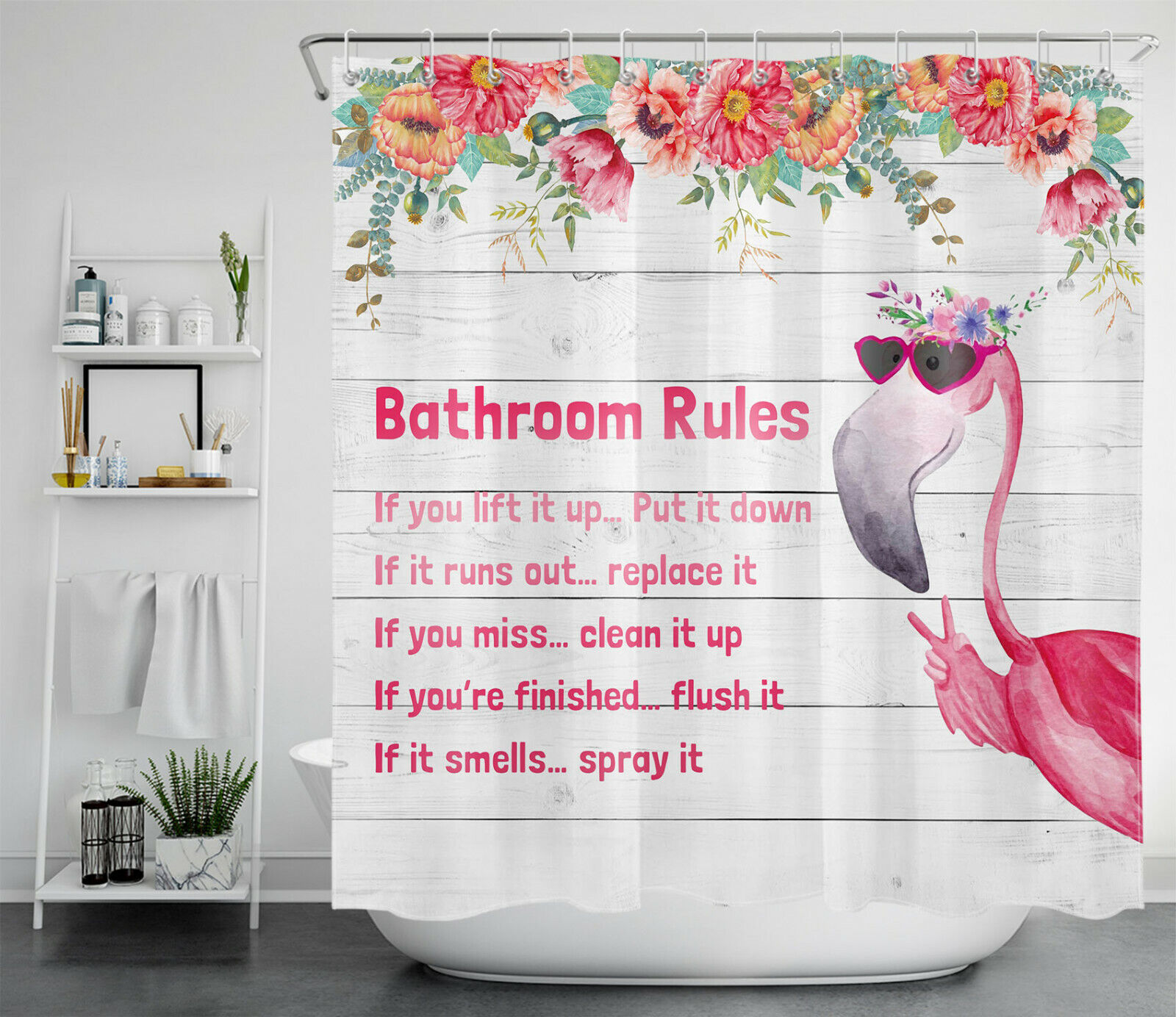 Funny Flamingo And Tropical Flower Bathroom Rules Shower Curtain For Your Bathroom Decor - Image 2
