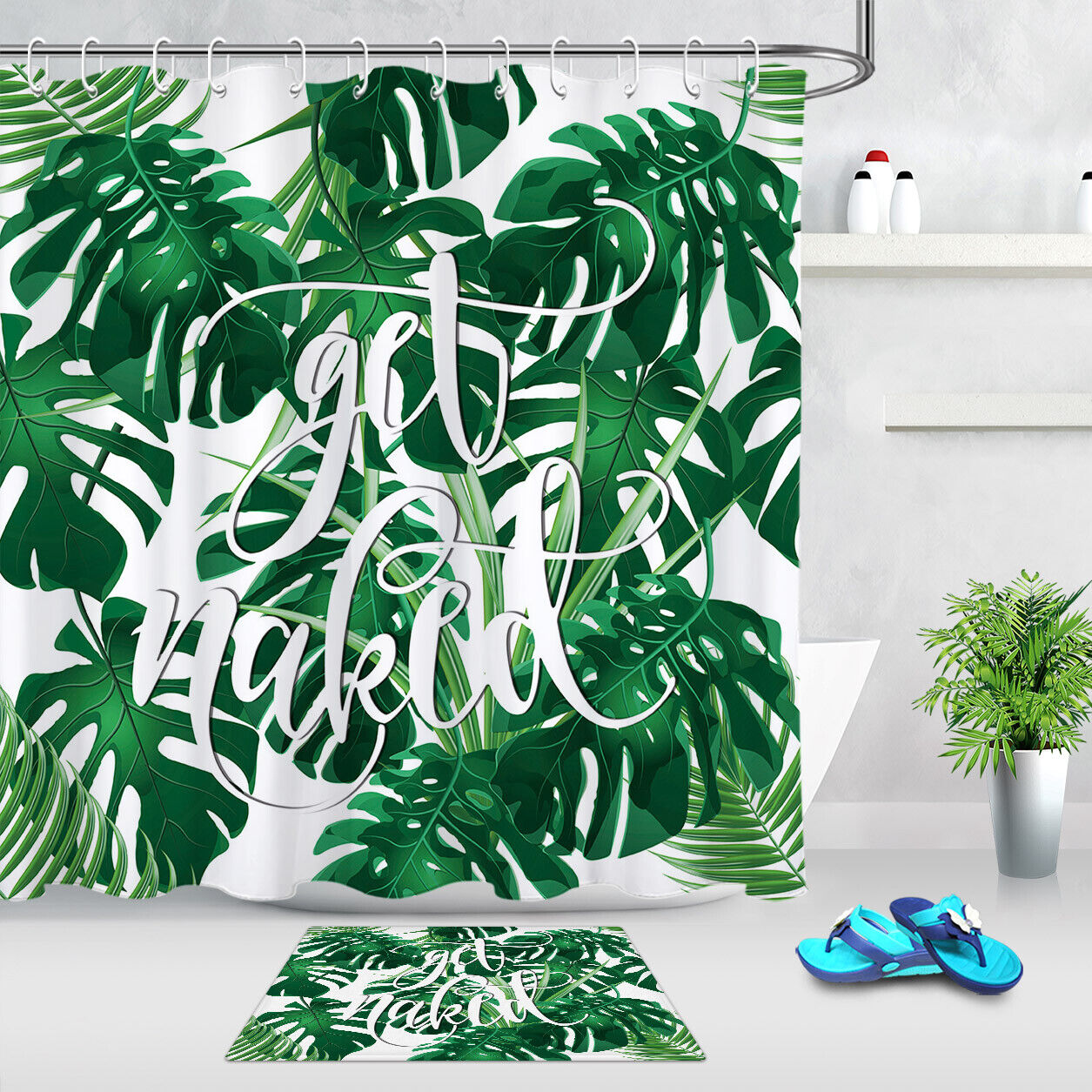 Funny Font Tropical Leaves Print Shower Curtain For Bathroom Decor