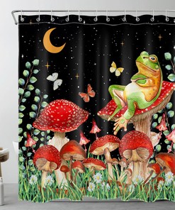 Funny Frog on Black Red Mushroom Plant Shower Curtain for a Whimsical Bathroom