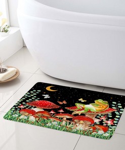 Funny Frog on Black Red Mushroom Plant Shower Curtain for a Whimsical Bathroom