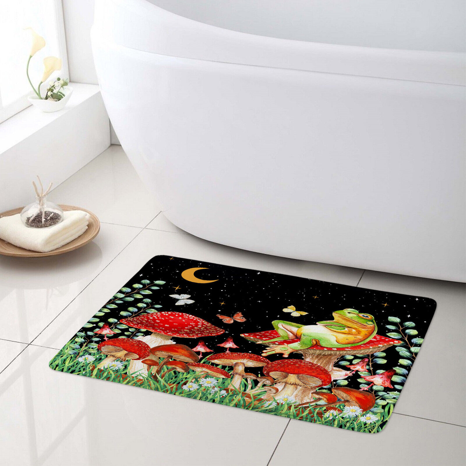 Funny Frog on Black Red Mushroom Plant Shower Curtain for a Whimsical Bathroom