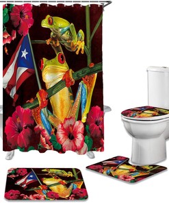 Funny Frogs and Spring Floral Shower Curtain - Puerto Rico Flag Decor Waterproof Bath Curtain