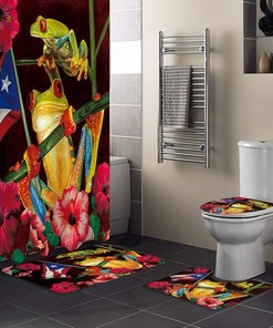 Funny Frogs and Spring Floral Shower Curtain - Puerto Rico Flag Decor Waterproof Bath Curtain