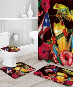 Funny Frogs and Spring Floral Shower Curtain - Puerto Rico Flag Decor Waterproof Bath Curtain