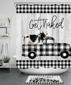 Funny Get Naked Buffalo Plaid Farmhouse Truck Cow Shower Curtain For Bathroom