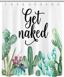 Funny Get Naked Cactus Shower Curtain with Tropical Succulent Green Plants Design