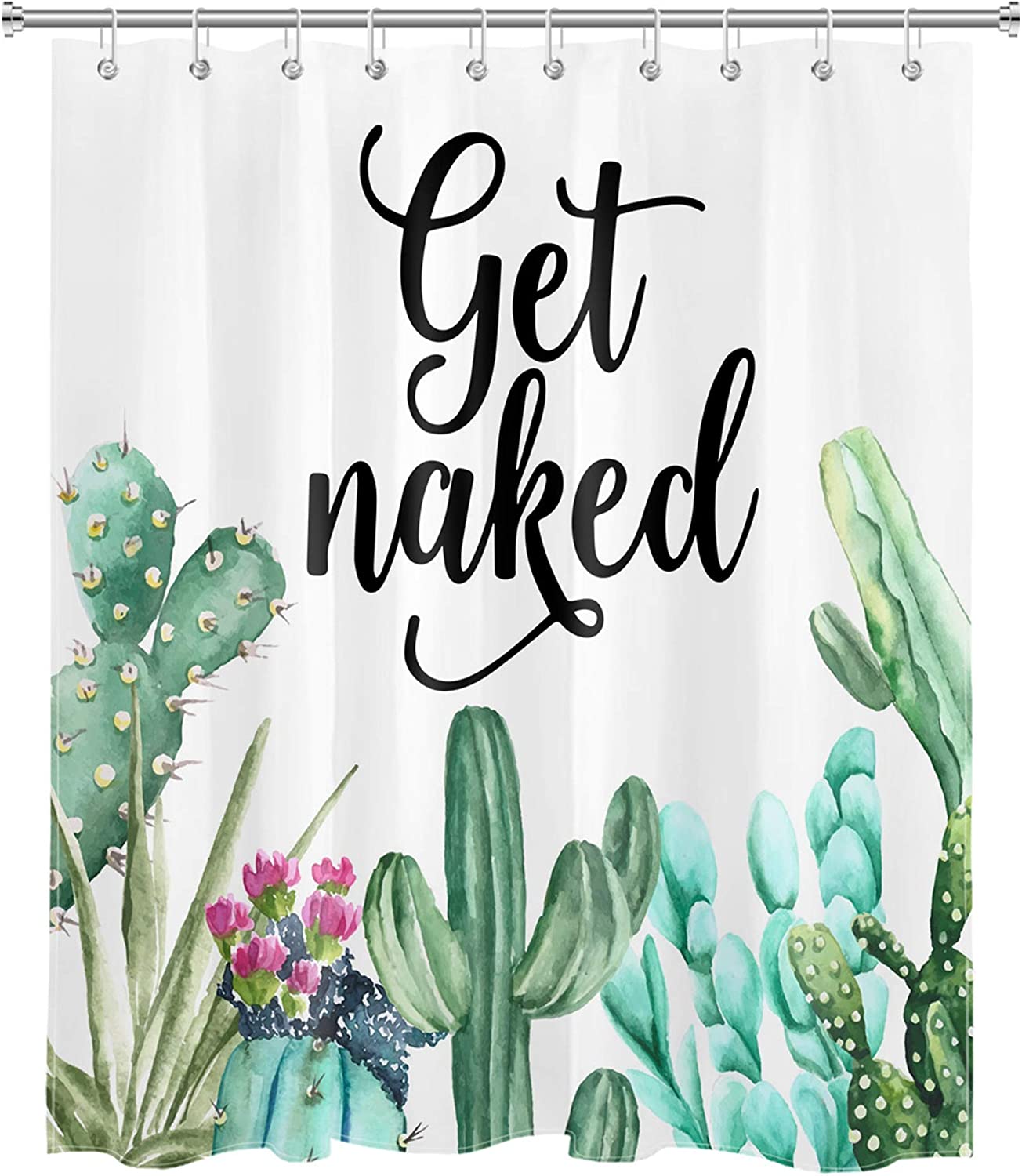 Funny Get Naked Cactus Shower Curtain with Tropical Succulent Green Plants Design