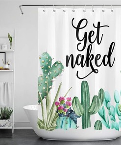 Funny Get Naked Cactus Shower Curtain with Tropical Succulent Green Plants Design