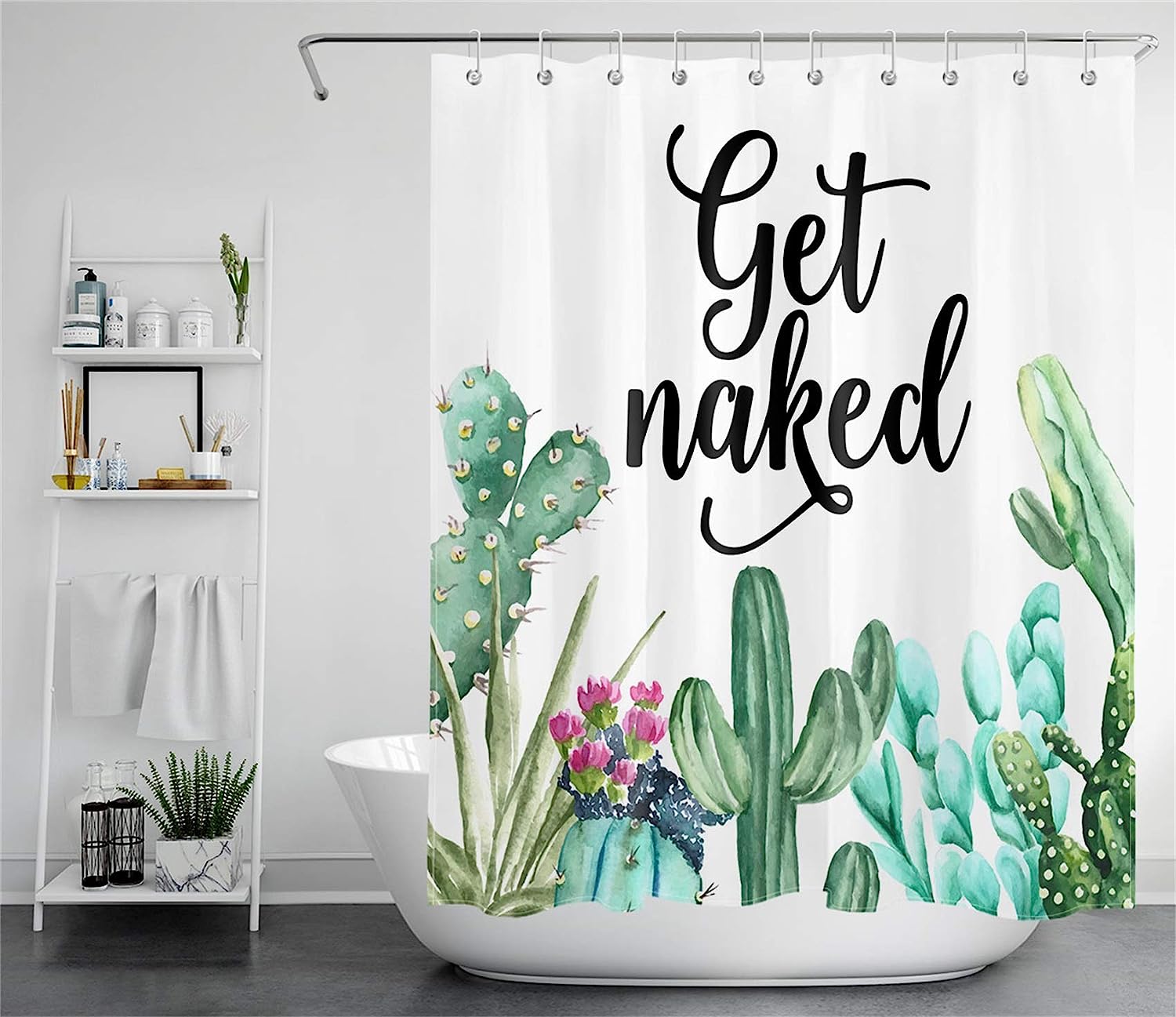 Funny Get Naked Cactus Shower Curtain with Tropical Succulent Green Plants Design