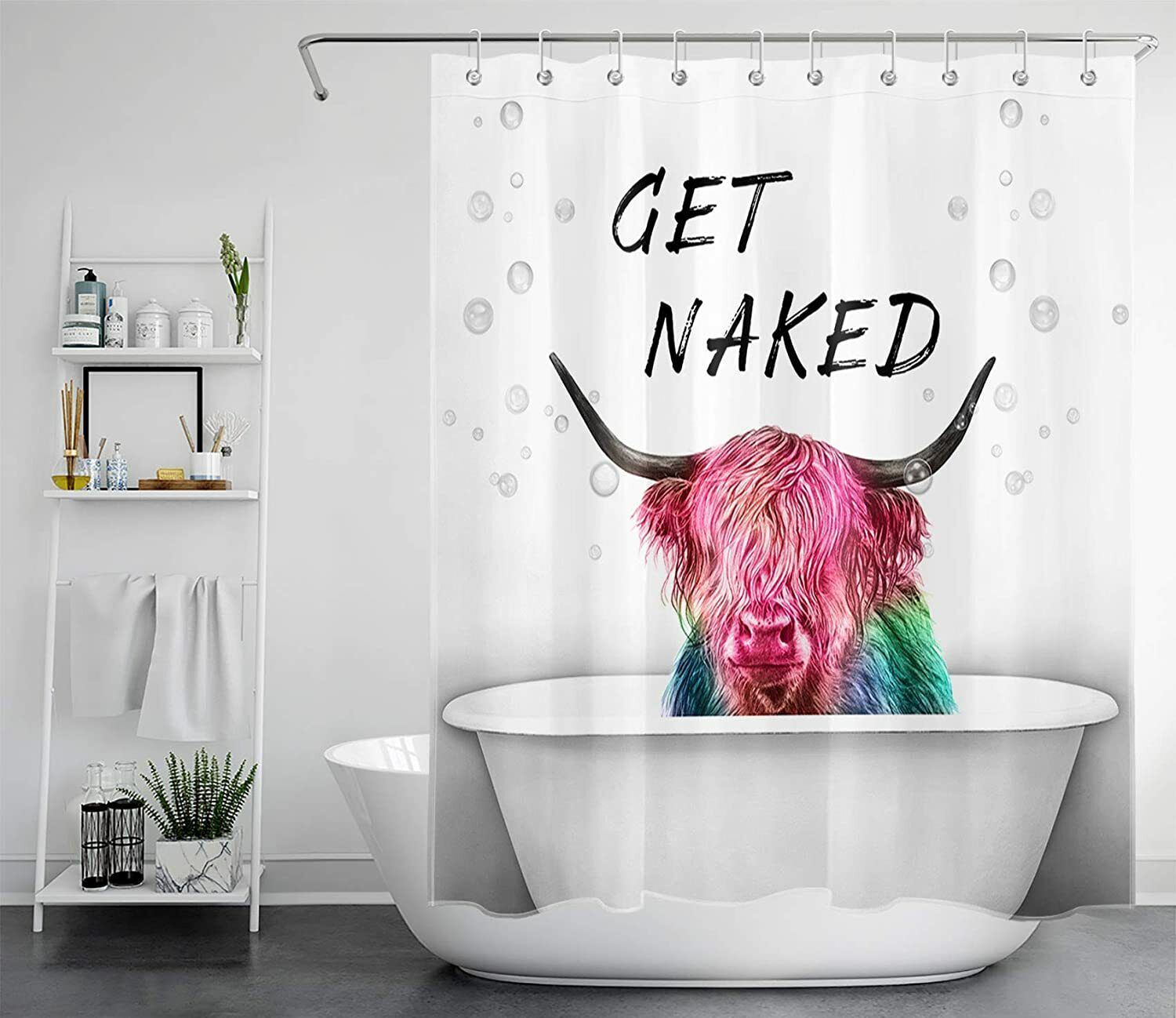 Funny Get Naked Highland Cow Fabric Shower Curtain For Bathroom Decor