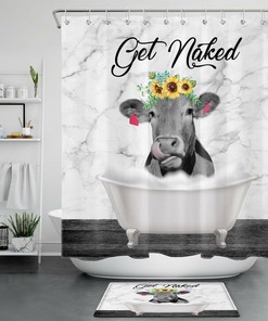 Funny Get Naked Marble Shower Curtain Farm Cow Sunflower 