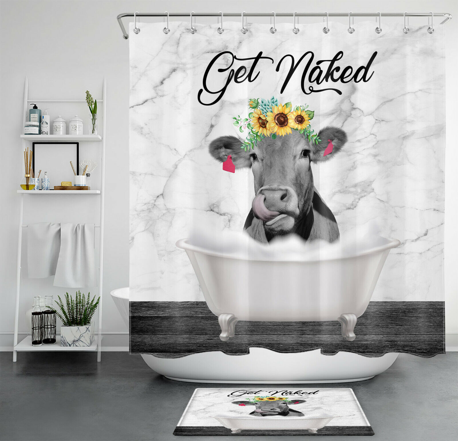 Funny Get Naked Marble Shower Curtain Farm Cow Sunflower