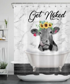 Funny Get Naked Marble Shower Curtain Farm Cow Sunflower