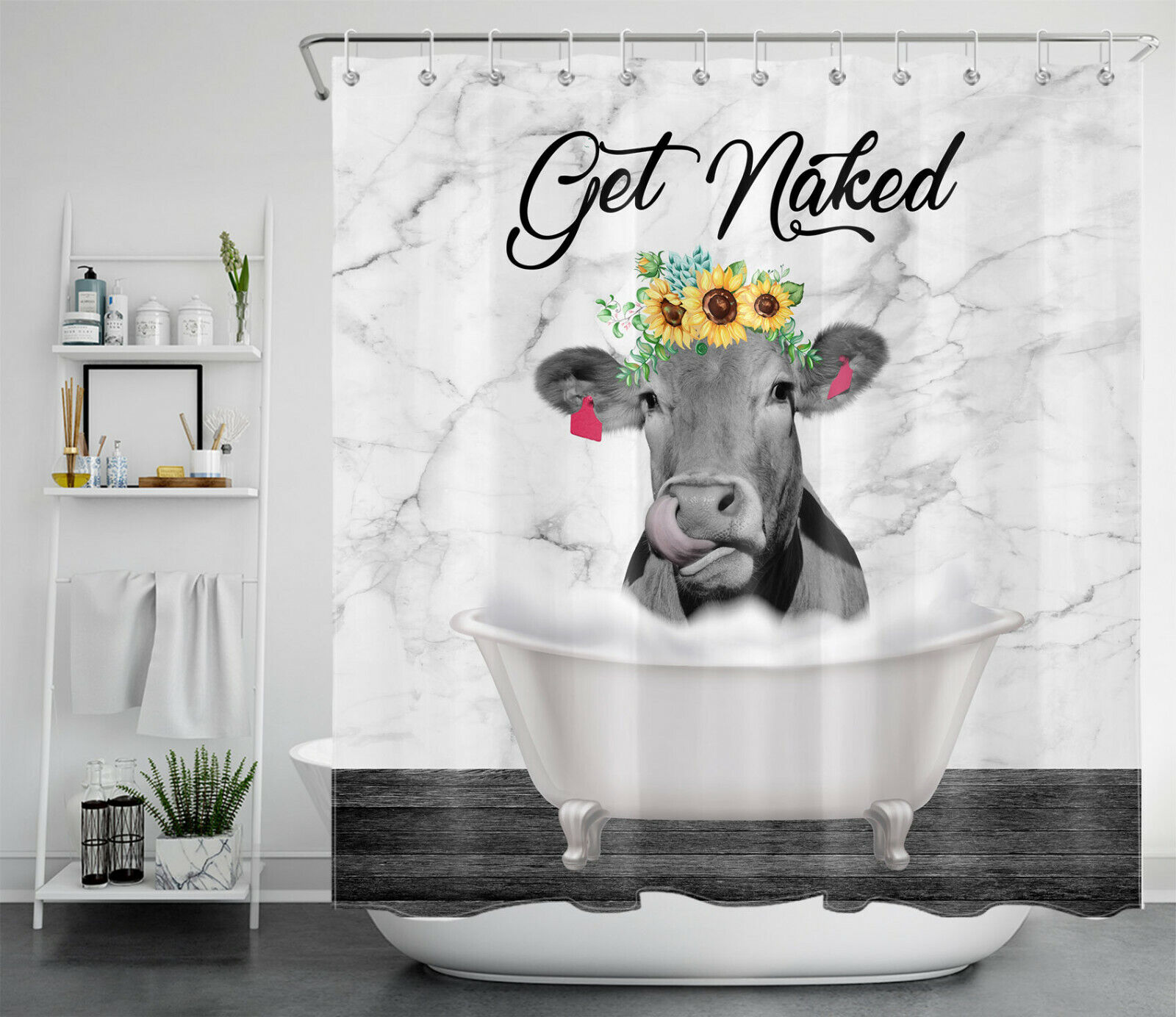Funny Get Naked Marble Shower Curtain Farm Cow Sunflower