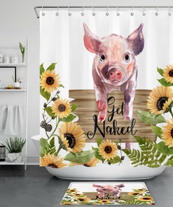 Funny Get Naked Piggy Sunflower Farmhouse Shower Curtain For Bathroom Accessories