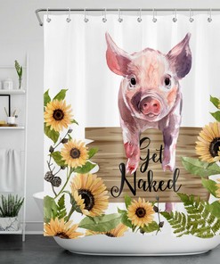 Funny Get Naked Piggy Sunflower Farmhouse Shower Curtain For Bathroom Accessories