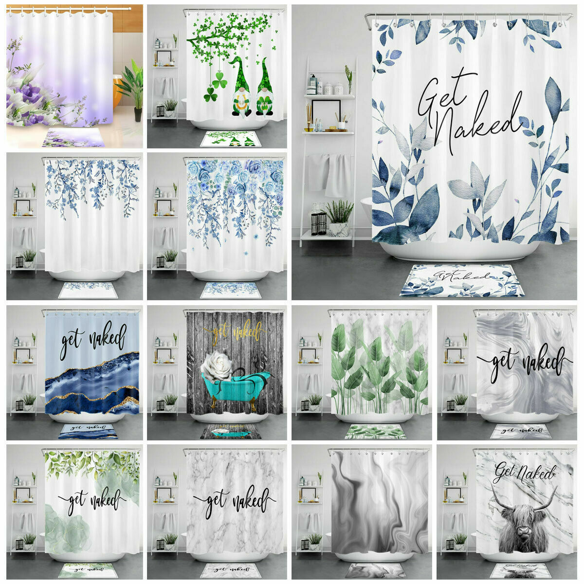 Funny Get Naked Watercolor Leaves Marble Shower Curtain, Rustic Farmhouse Decor
